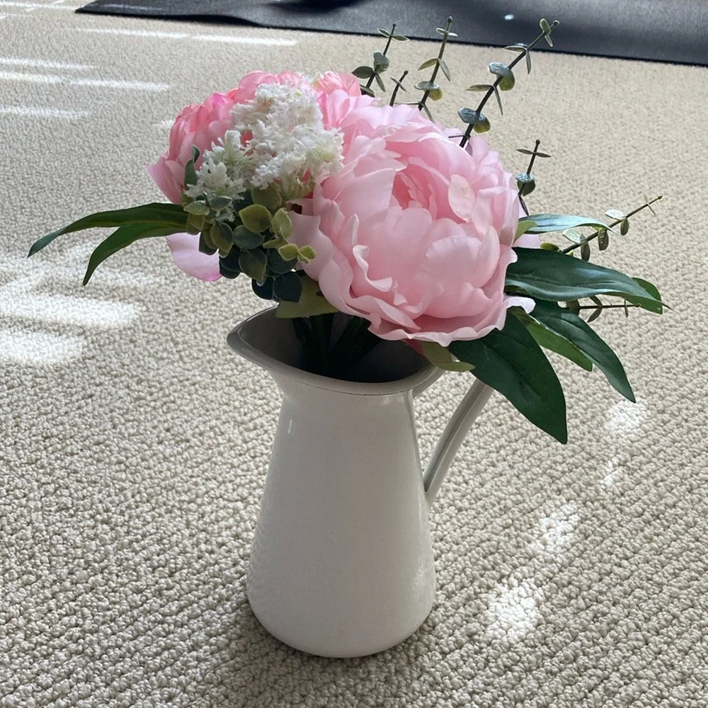 IKEA Faux Pink Flower Bouquet with Farmstyle Pitcher Vase Cream Center Piece